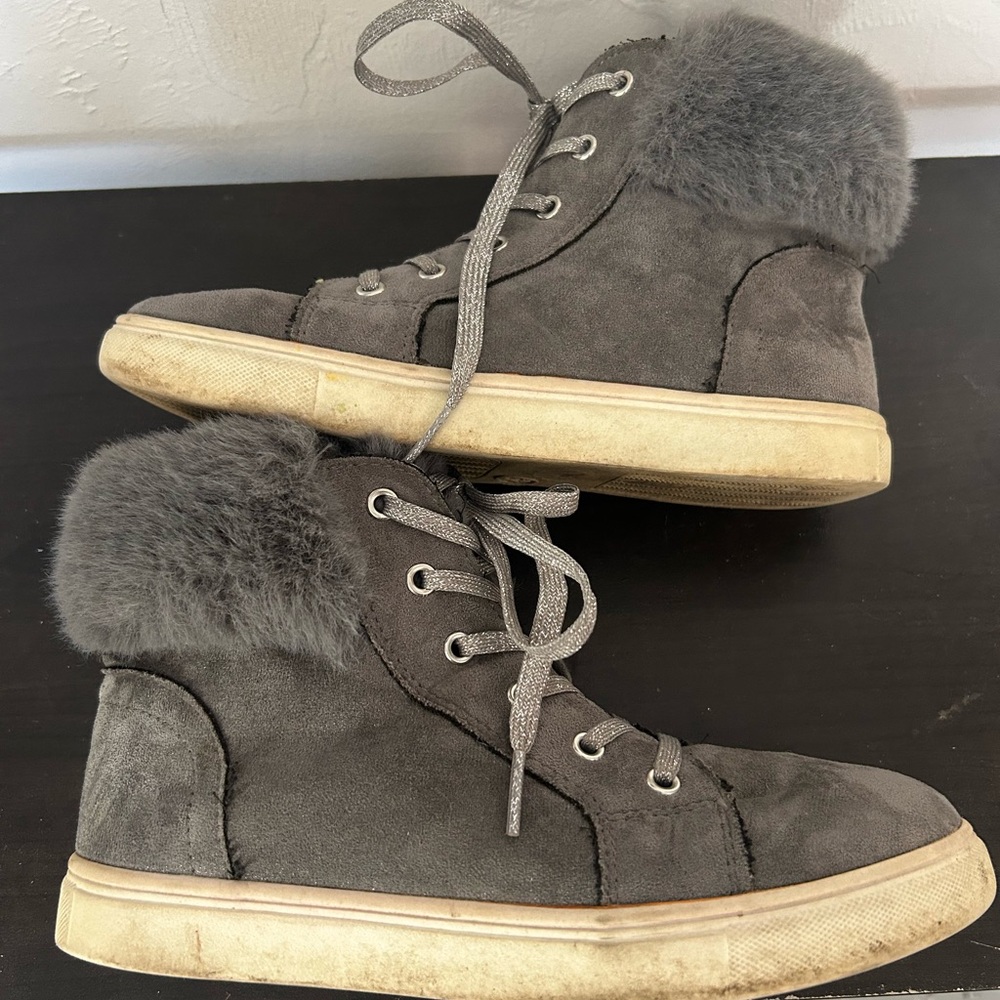Gray Fur-Lined High-Top Sneakers
